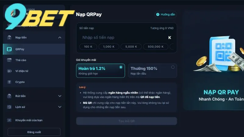 Hội viên 9bet có tới 4 tuỳ chọn thanh toán khi muốn bổ sung ngân sách vào ví chơi game  